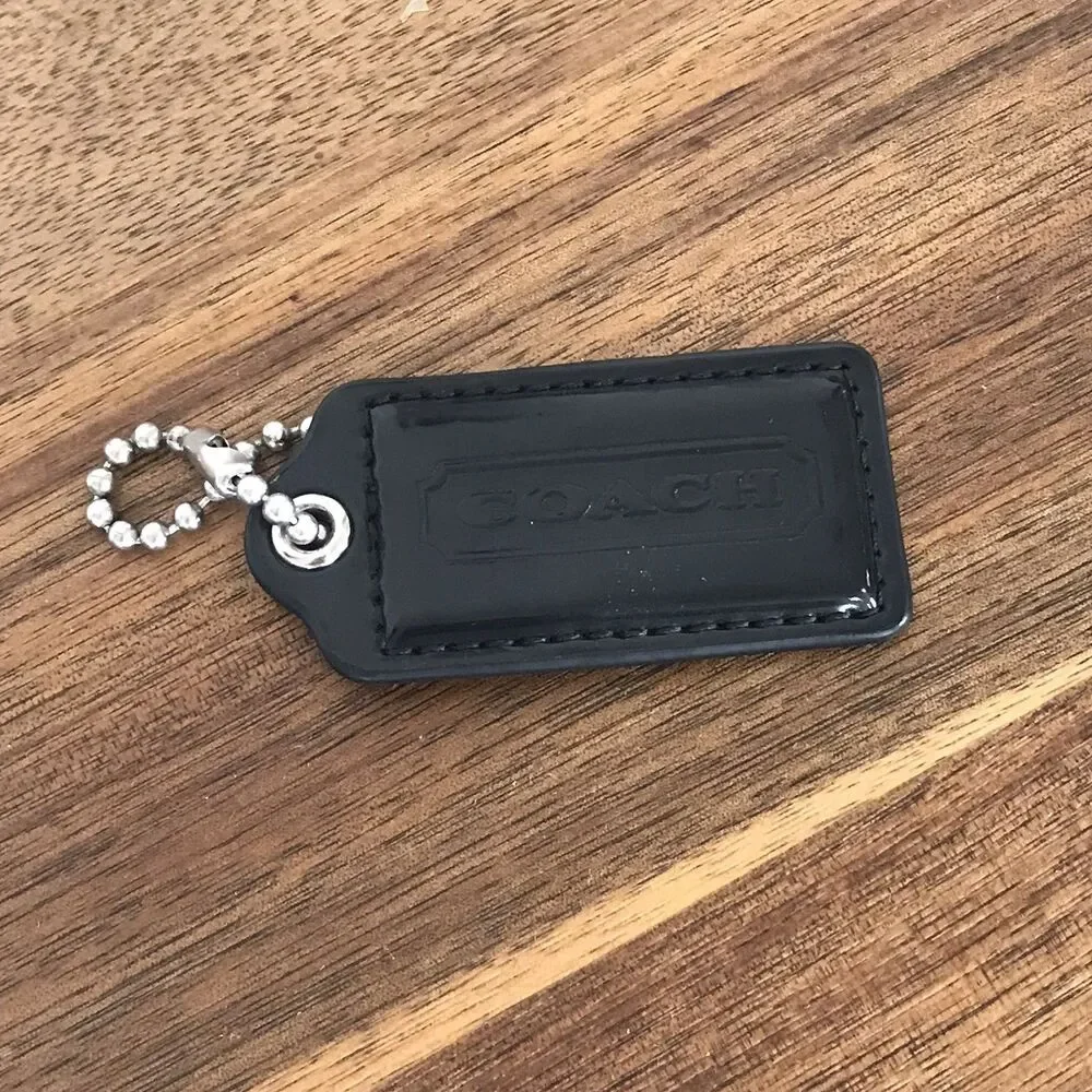 Vintage Coach Black Patent Leather Hang Tag Key Fob Bag Charm 2.5” Silver